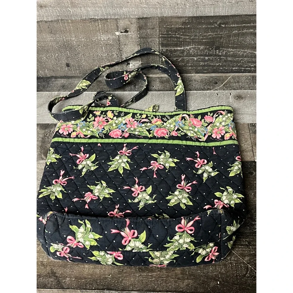 VTG Vera Bradley Quilted Tote Bag Floral Pink Bows Lily of the Valley Black - Picture 6 of 9